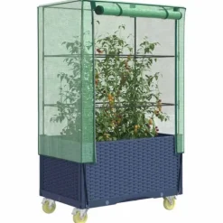 Højbed med drivhusovertræk og hjul - Rattan-look | Størrelse: 80x50x182 cm