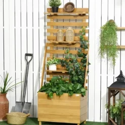 Højbed med espalier & 3 hylder 63x39x160 cm, træ brun – klatreplanter