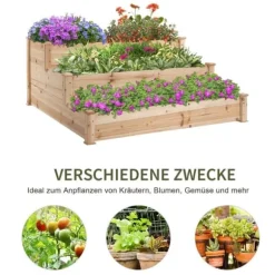 Højbed 3-trins i træ 124x124x56 cm – urte-trappe til balkon & have