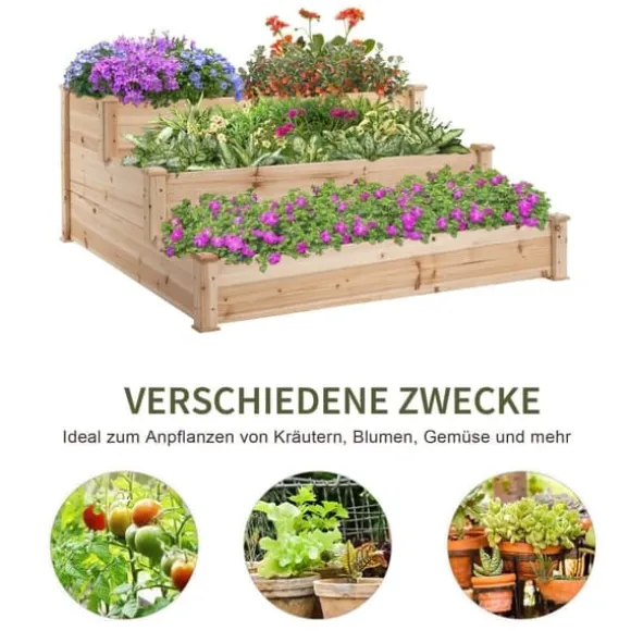 Højbed 3-trins i træ 124x124x56 cm – urte-trappe til balkon & have