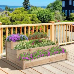 Højbed 3-trins i træ 124x124x56 cm – urte-trappe til balkon & have