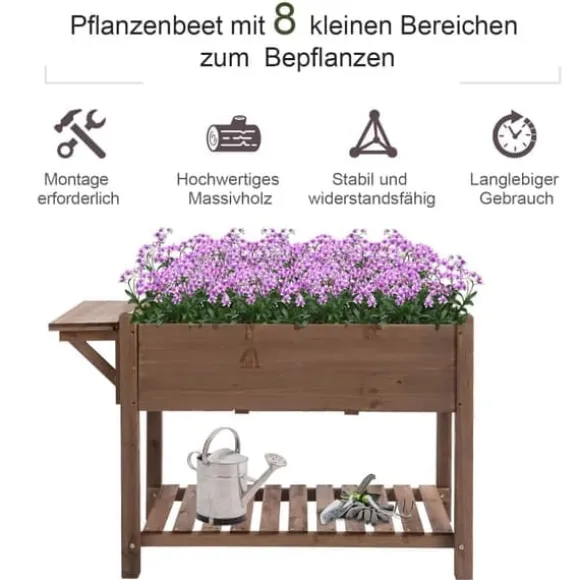 Højbed 123x54x74 cm med 8 gitre & foldbar hylde, massivt træ, brun