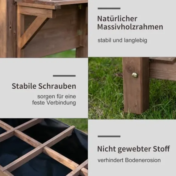 Højbed 123x54x74 cm med 8 gitre & foldbar hylde, massivt træ, brun