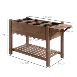 Højbed 123x54x74 cm med 8 gitre & foldbar hylde, massivt træ, brun