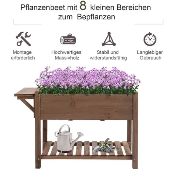 Højbed 123x54x74 cm med 8 gitre & foldbar hylde, massivt træ, brun