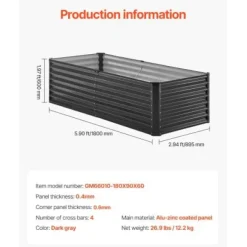 Højbedsplantekasse, 180x89,5x60 cm, Mørkegrå, Metal