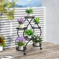 Hjerteformet blomsterstander - Planteholder med 6 bakker - Jern - 4 hjul - 7,5 kg pr. bakke - Bakker Ø25×3,5 cm - Inde/ude - Sort