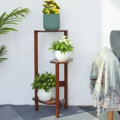 Hjørne Plantestativ - Blomsterhylde - 3 Etager - Træ - Inde/Ude - Nem Montering - Brun