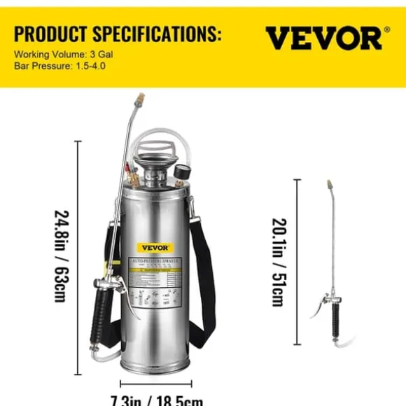 Hånddrevet sprøjte, rustfrit stål, stort flow stempelstang, 10L 3Gal