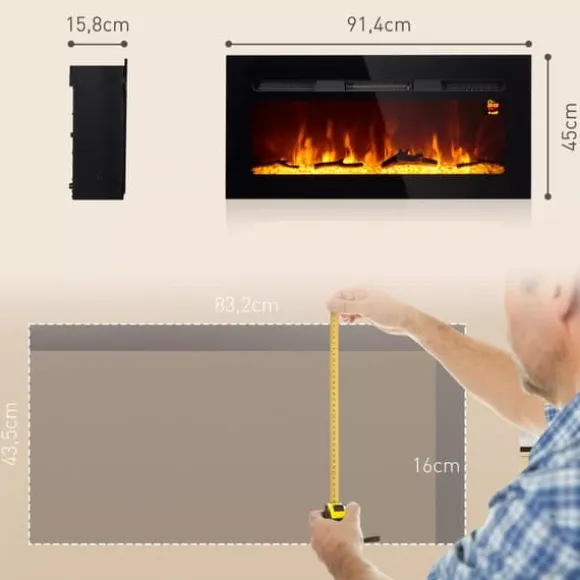 HOMCOM Elektrisk vægpejs 1800W med LED flammeeffekt, 3 flamme farver, 5 lysstyrker, sort, hærdet glas