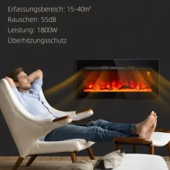 HOMCOM Elektrisk vægpejs 1800W med LED flammeeffekt, 3 flamme farver, 5 lysstyrker, sort, hærdet glas