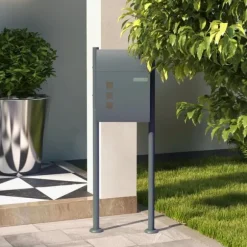 HOMCOM Postkasse med Stativ og Avisrum, Galvaniseret Stål, Antracit (44x15x114cm)