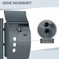 HOMCOM Postkasse med Stativ og Avisrum, Galvaniseret Stål, Antracit (44x15x114cm)