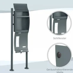 HOMCOM Postkasse med Stativ og Avisrum, Galvaniseret Stål, Antracit (44x15x114cm)