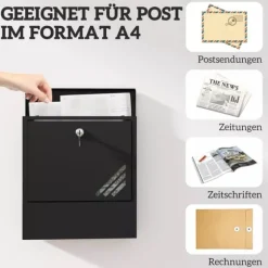 HOMCOM Vægmonteret Postkasse i Mørkegrå Metal – Låsbar til Udendørs Brug, 30 x 8,5 x 32,5 cm