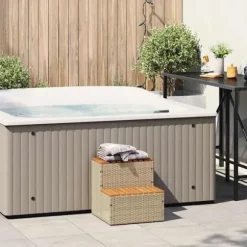 Hot Tub Trin i Polyrattan og Akacietræ - Sikker Ind- og Udstigning | Farve: Beige | Størrelse: 50x50x50,5 cm
