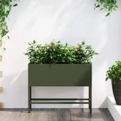 Hævet havekrukke i stål - Rektangulær og stilren | Farve: Olivengrøn | Størrelse: 60 x 26 x 45 cm