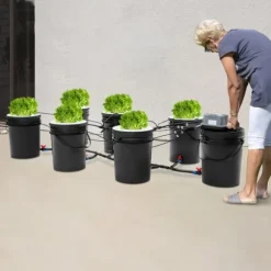 Hydroponisk dyrkning - DWC system - 7 spande - 20 L pr. spand - EU-stik 220–240 V 9 W - 30×38 cm - Sort