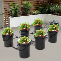 Hydroponisk dyrkning - DWC system - 7 spande - 20 L pr. spand - EU-stik 220–240 V 9 W - 30×38 cm - Sort