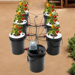 Hydroponisk dyrkningsanlæg - DWC sæt med 7 spande - 20 l pr. spand - Luftpumpe EU-stik - Max løftehøjde 1,2 m - PP - Sort