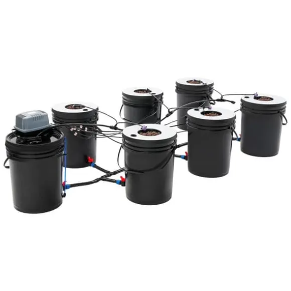 Hydroponisk dyrkningsanlæg - DWC sæt med 7 spande - 20 l pr. spand - Luftpumpe EU-stik - Max løftehøjde 1,2 m - PP - Sort