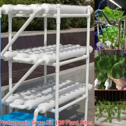 Hydroponisk dyrkningssæt - 3-lags system - 108 plantehuller - PVC-U - Rør Ø 6,3 cm - Hul Ø 3,2 cm - Slange 1,2 m - Hvid