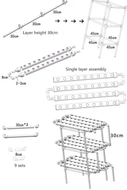 Hydroponisk dyrkningssæt - 3-lags system - 108 plantehuller - PVC-U - Rør Ø 6,3 cm - Hul Ø 3,2 cm - Slange 1,2 m - Hvid