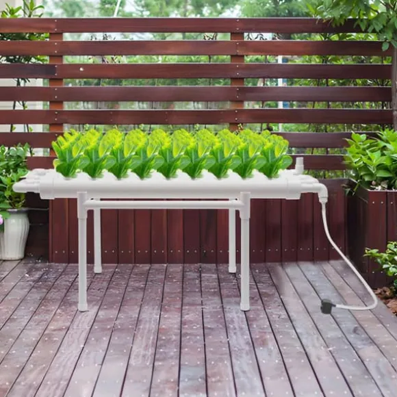 Hydroponisk dyrkningssæt - 1-lags system - 36 plantepladser - 4 rør Ø6,3 cm - Huldiameter 3,2 cm - PVC-U - Med vandpumpe - Hvid