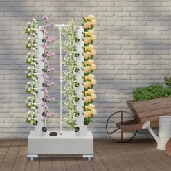 Hydroponisk dyrkningssæt - Vertikalt plantetårn - 56 huller - Vandpumpe - 30 l tank - EU/US-stik - 80×20×165 cm - Hvid
