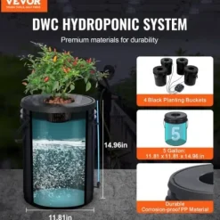 Hydroponisk dyrkningssystem, Deep Water Culture 4 spande, 30x30x38 cm, sort, PP-materiale