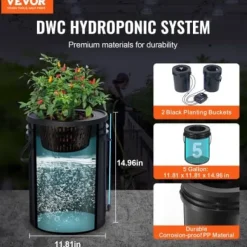 Hydroponisk dyrkningssystem, Deep Water Culture 30x30x38 cm, sort, 2 spande