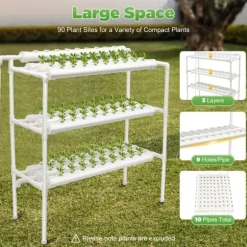 Hydroponisk dyrkningssystem, 3-etagers PVC-rørsystem, 90 plantepladser
