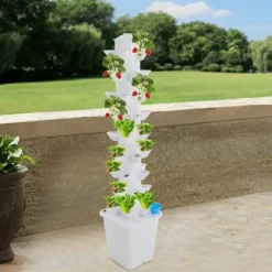 Hydroponisk dyrkningssystem - Vertikalt tårn - 45 plantehuller - 115 cm - Børsteløs DC-pumpe - 95–245 V EU/US-stik - PP-plast - Hvid