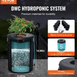 Hydroponisk dyrkningssystem, Deep Water Culture 8 spande, 30x30x38 cm, sort, PP materiale