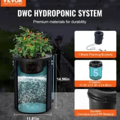 Hydroponisk dyrkningssystem, 5-gallon deep water culture, 30x30x38 cm, sort, PP-materiale