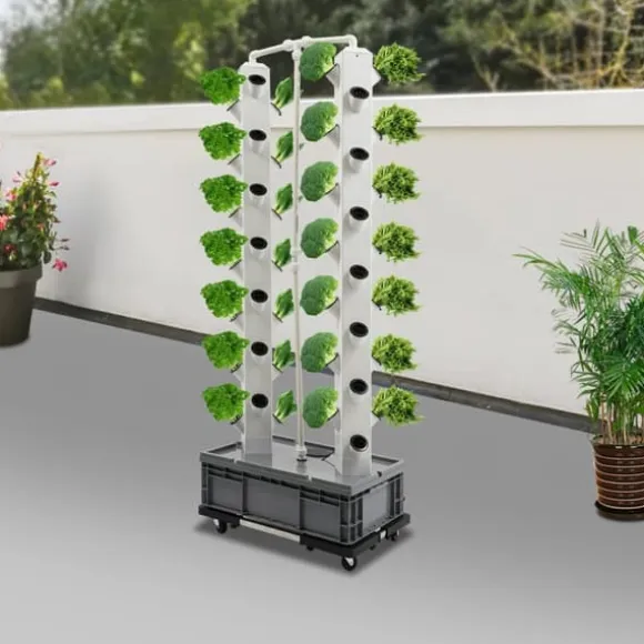 Hydroponisk dyrkningstårn - Vertikalt havesæt - 56 huller - 220 V EU-stik - Inde/Ude - 4 hjul - PP-materiale - Hvid