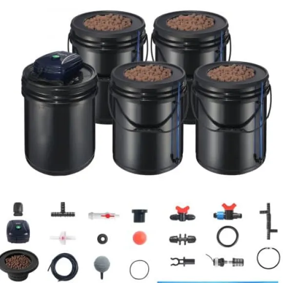Hydroponisk system, recirkulerende Deep Water Culture 4 spande, 30x30x38 cm, sort, PP-materiale