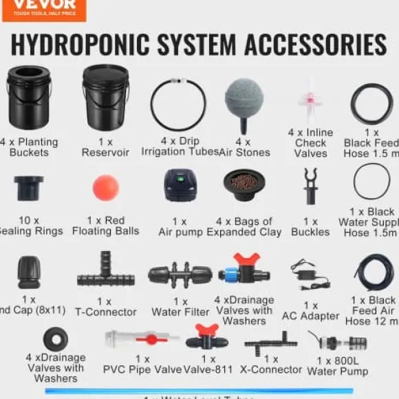 Hydroponisk system, recirkulerende Deep Water Culture 4 spande, 30x30x38 cm, sort, PP-materiale