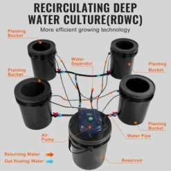 Hydroponisk system, recirkulerende Deep Water Culture 4 spande, 30x30x38 cm, sort, PP-materiale