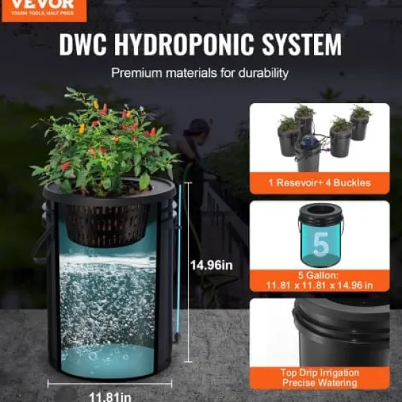Hydroponisk system, recirkulerende Deep Water Culture 4 spande, 30x30x38 cm, sort, PP-materiale