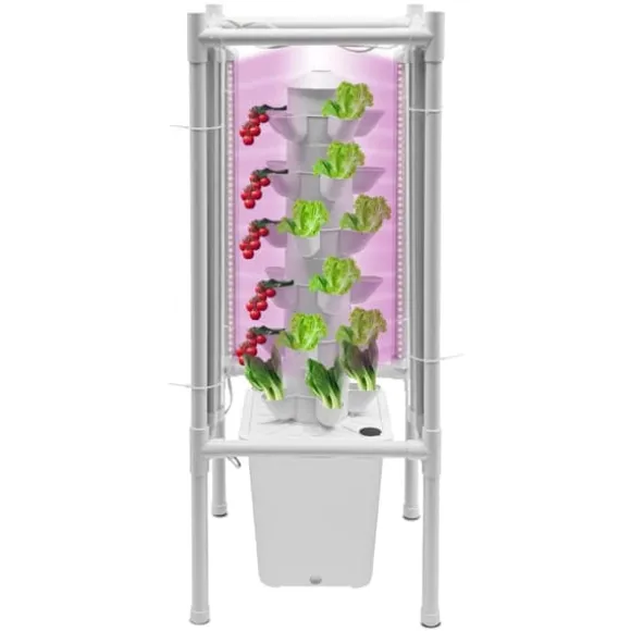 Hydroponisk tårnhave - Indendørs dyrkningssystem - 6 niveauer - 30 plantehuller - 4 LED vækstlys - Selvvandende - Smart - Hvid