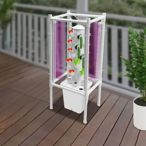 Hydroponisk tårnhave - Indendørs dyrkningssystem - 6 niveauer - 30 plantehuller - 4 LED vækstlys - Selvvandende - Smart - Hvid