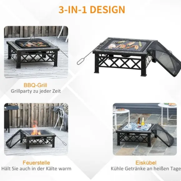 3-i-1 Bålfad, Grill og Iskøler, Gnistbeskyttelse, 76x76x47cm, Sort til Havegrill