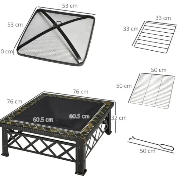 3-i-1 Bålfad, Grill og Iskøler, Gnistbeskyttelse, 76x76x47cm, Sort til Havegrill