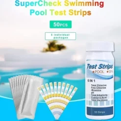 6-i-1 Pool & Spa Teststrimler, Vandtester 50-Pak - pH, Klor, Alkalinitet, Cyanursyre, Hårdhed