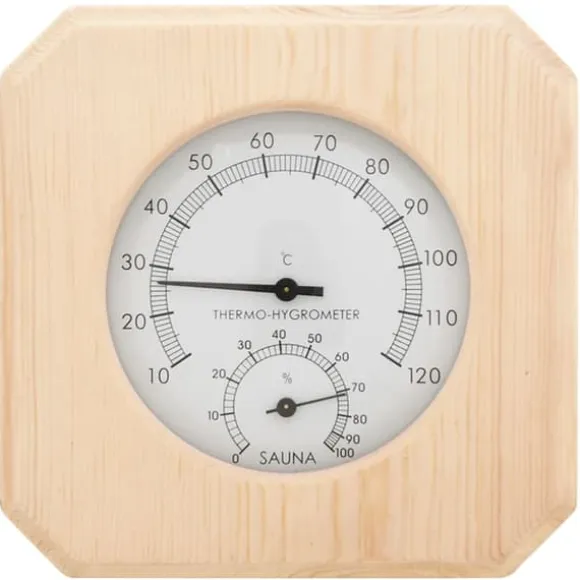 2-i-1 saunasæt med hygrometer og timeglas - Massivt fyrretræ | Farve: Naturlig | Størrelse: 15 min
