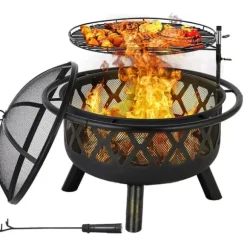 Ildskål - Have bålsted med grill - Støbejern - Kulgrill - Højdejusterbart grillrist - Gnistfang - Let at rengøre