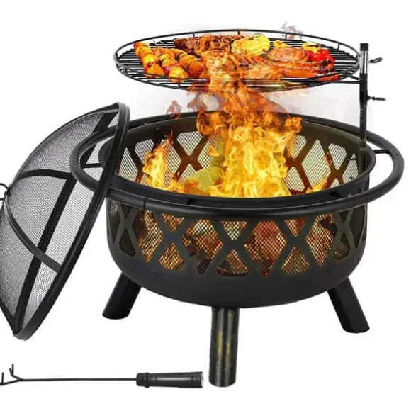 Ildskål - Have bålsted med grill - Støbejern - Kulgrill - Højdejusterbart grillrist - Gnistfang - Let at rengøre