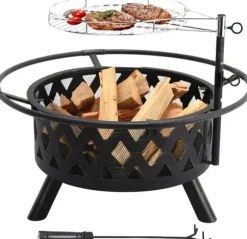 Ildskål - Have bålsted med grill - Støbejern - Kulgrill - Højdejusterbart grillrist - Gnistfang - Let at rengøre