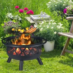 Ildskål med grill og gnistbeskytter, 58x75 cm, sort